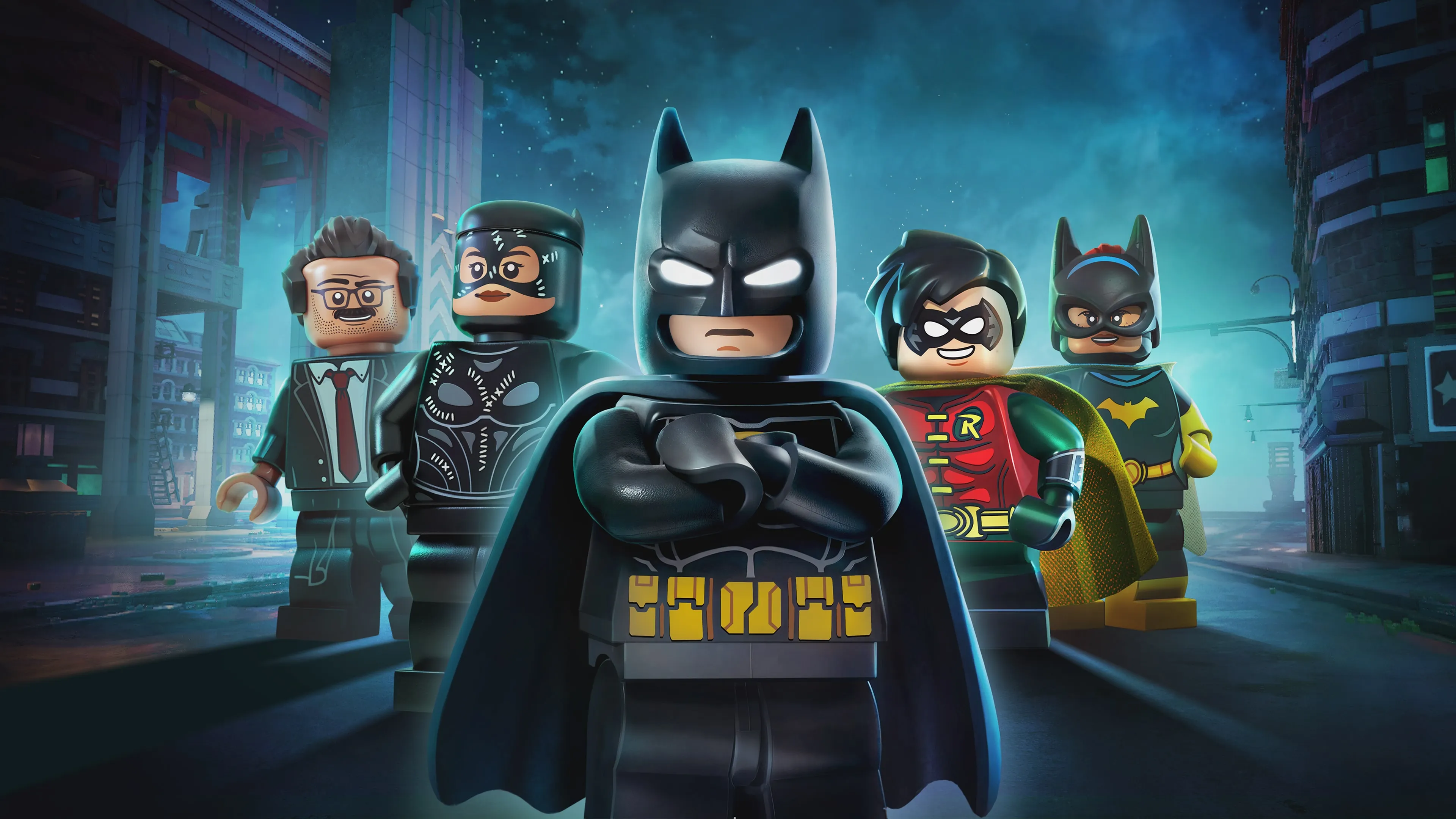 Playable heroes unlocked across the chapters of LEGO Batman: Legacy of the Dark Knight — Jim Gordon, Catwoman, Batman, Robin and Batgirl