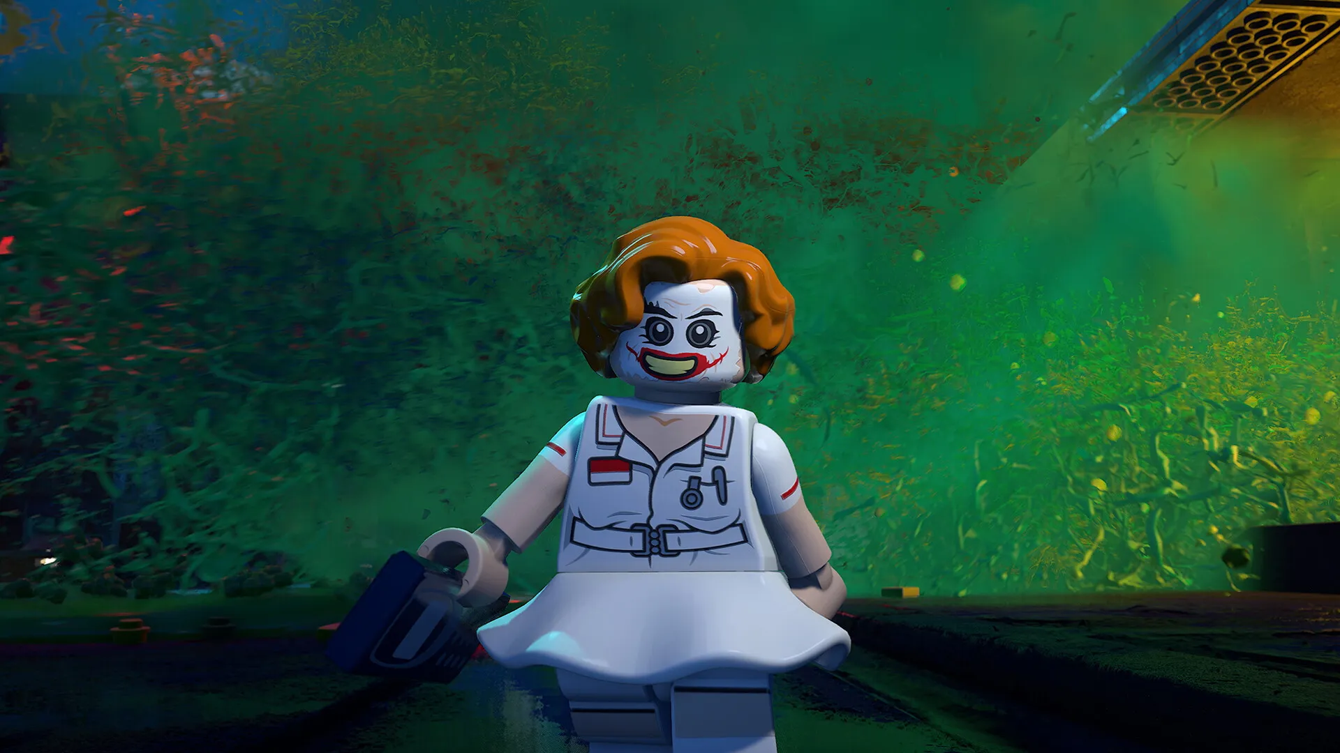 The Joker, the Chapter 2 villain in LEGO Batman: Legacy of the Dark Knight, in disguise against a toxic-green backdrop